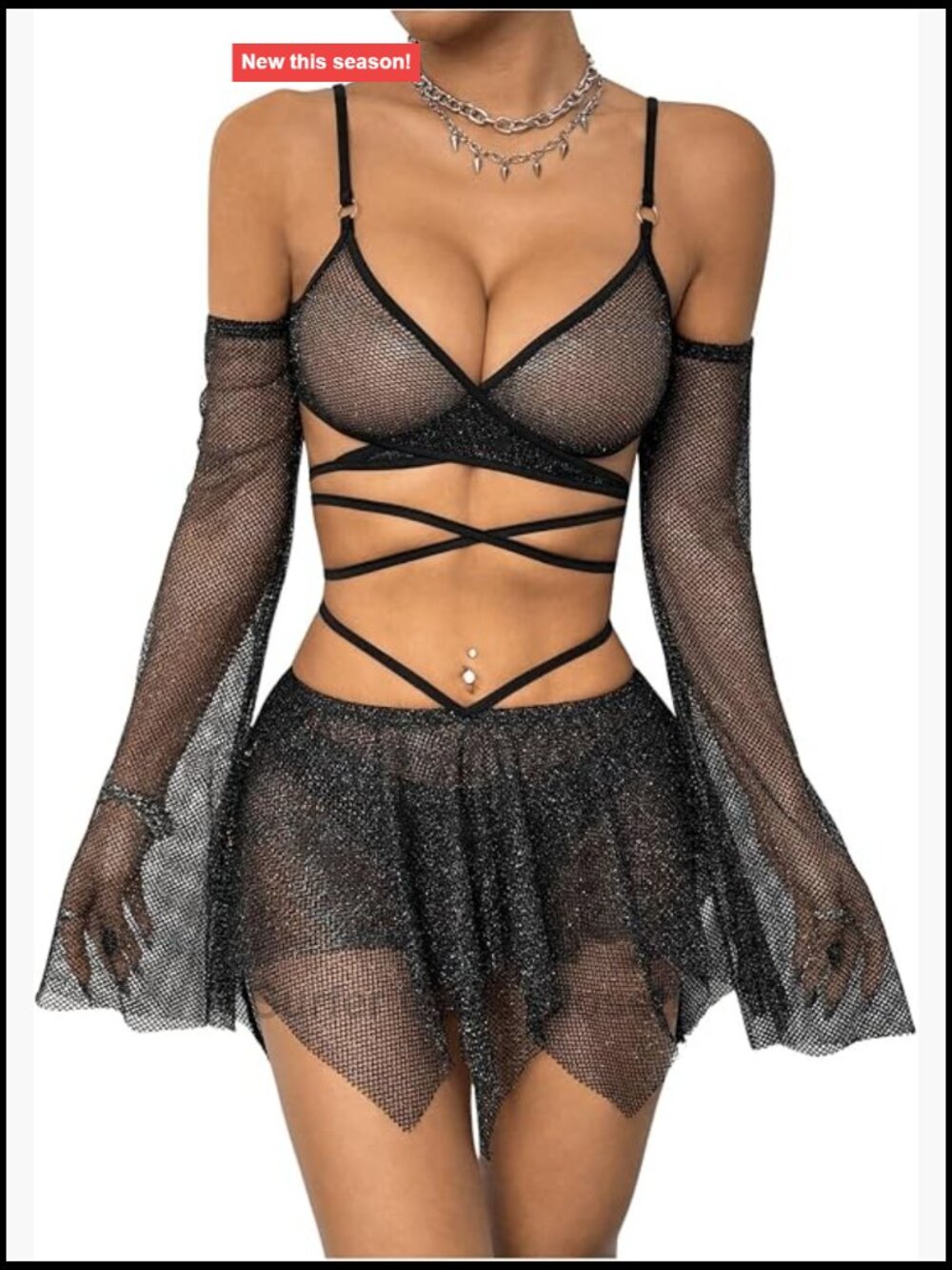 Mesh Sheer 2 Piece Skirt Set Criss Cross Crop Top Rave Festival Outfit